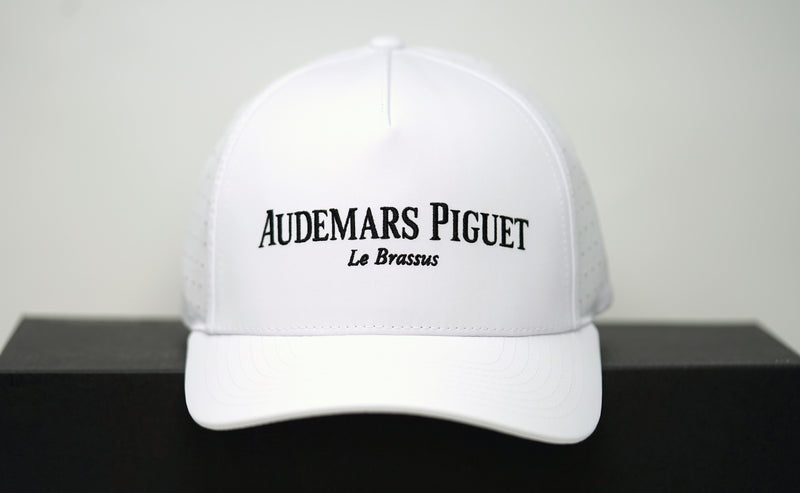 Front view of Audemars Piguet White Cotton Hat with Black Embroidered Logo