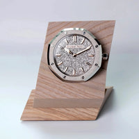 Audemars Piguet Royal Oak desk clock with frosted silver dial on wood stand
