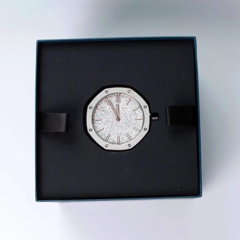 View of Audemars Piguet Royal Oak Desk Clock with Frosted Dial in Packaging