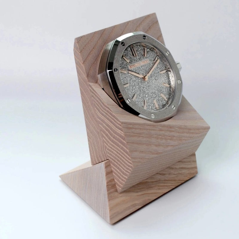 Side profile of Audemars Piguet Royal Oak desk clock showing octagonal bezel and frosted dial