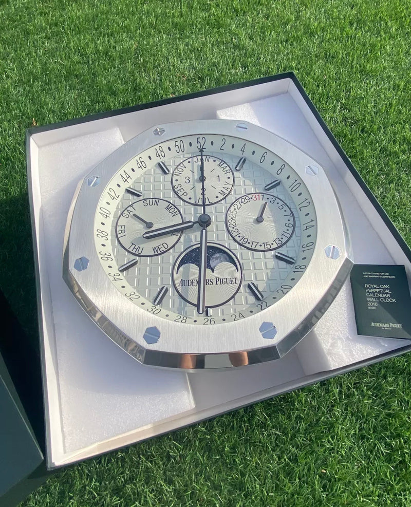 Luxury Audemars Piguet Wall Clock Featuring Stainless Steel White Dial Perpetual Calendar New in Box with Papers For Sale Online by Time Traders Inc