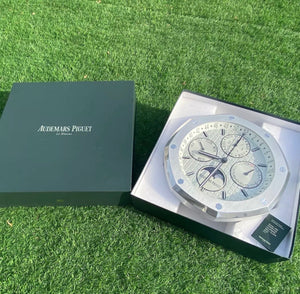 Luxury Wall Clock Made in Switzerland by Audemars Piguet Featuring Royal Oak Perpetual Calendar in Stainless Steel and White Dial at Time Traders Online.com