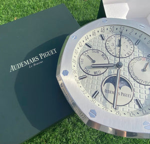 Luxury Stainless Steel White Dial Perpetual Calendar Audemars Piguet Wall Clock New in Box with Papers For Sale Online by Time Traders Inc