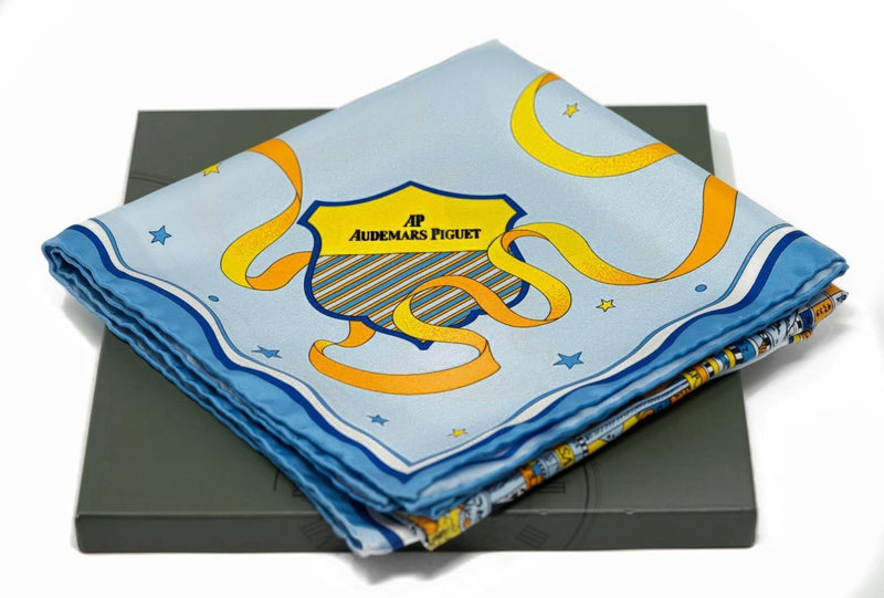 Luxury Audemars Piguet Royal Oak Scarf with Audemars Piguet Crest Featuring Beautiful Blue Orange and Yellow For Sale Online by Time Traders 