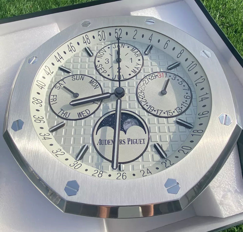 Royal Oak Stainless Steel Luxury Wall Clock by Audemars Piguet Features White Dial Perpetual Calendar Ref. 26574ST Available For Sale Online by Time Traders